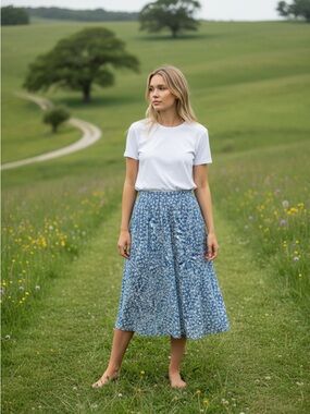 Blue Floral Midi Skirt with Button Detail - Women's Casual Midi